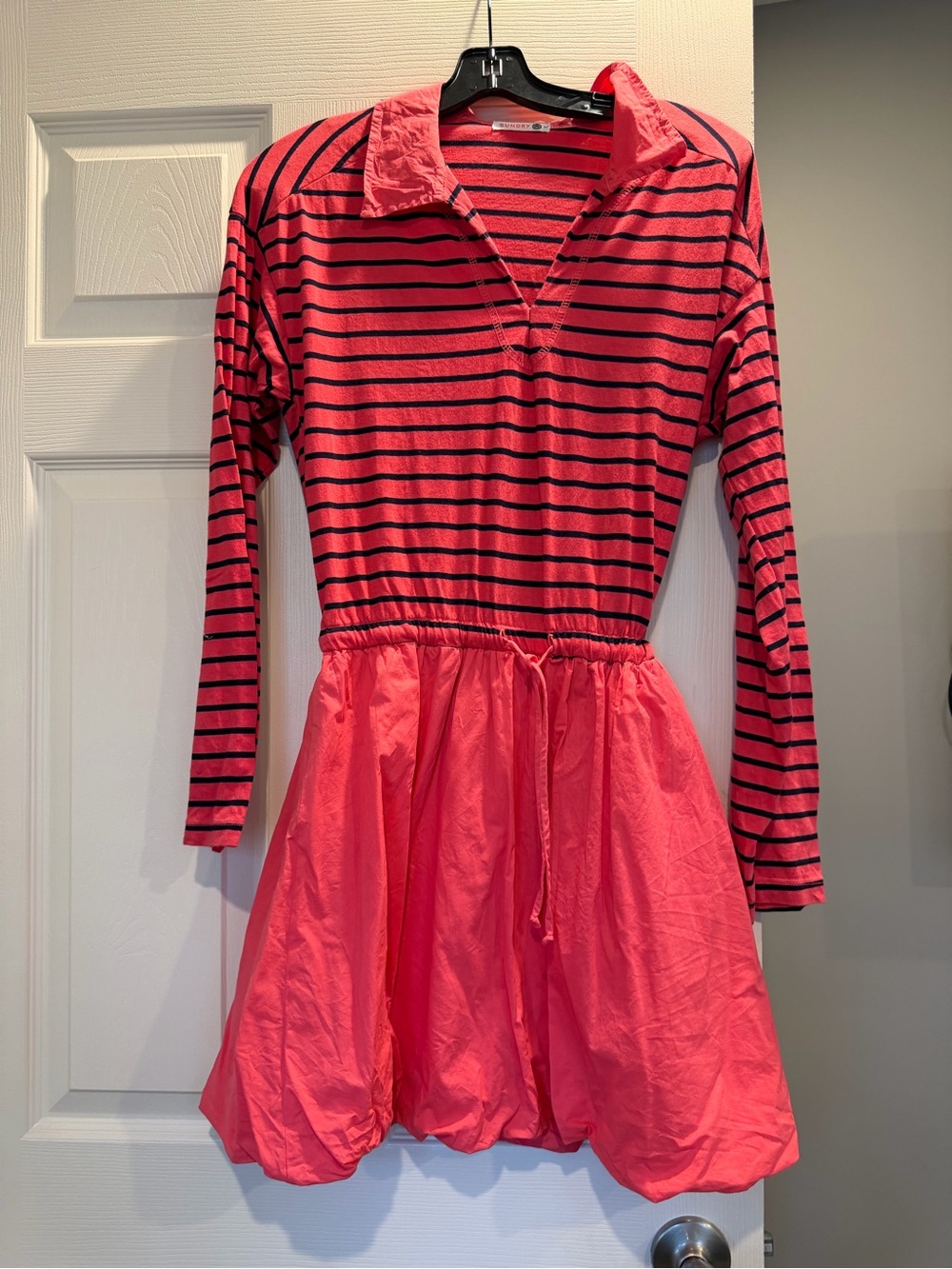 Sundry Coral Pink & Navy Striped Long-Sleeve Collared Dress